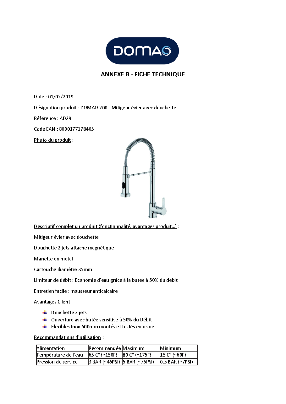 Fiche technique fournisseur
