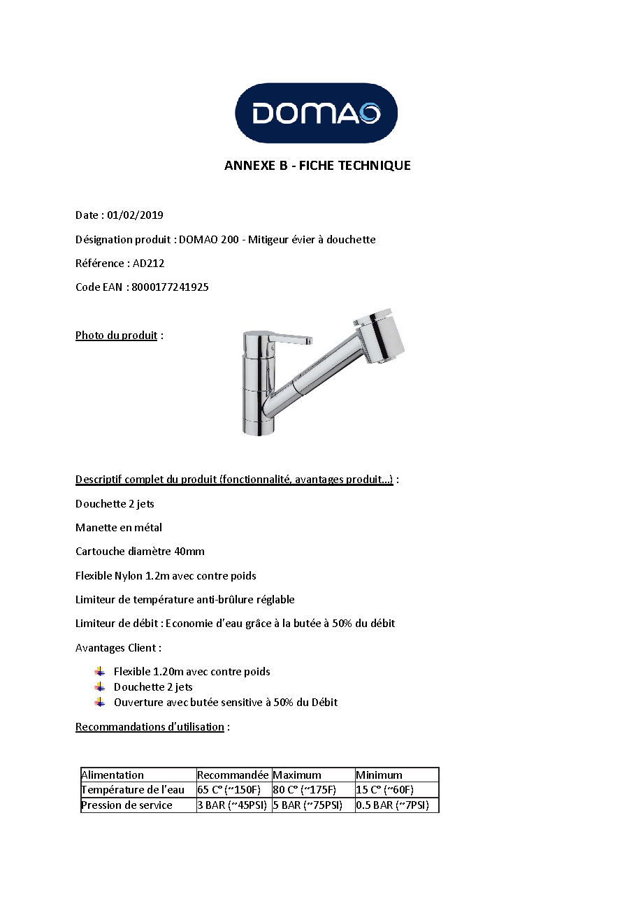 Fiche technique fournisseur