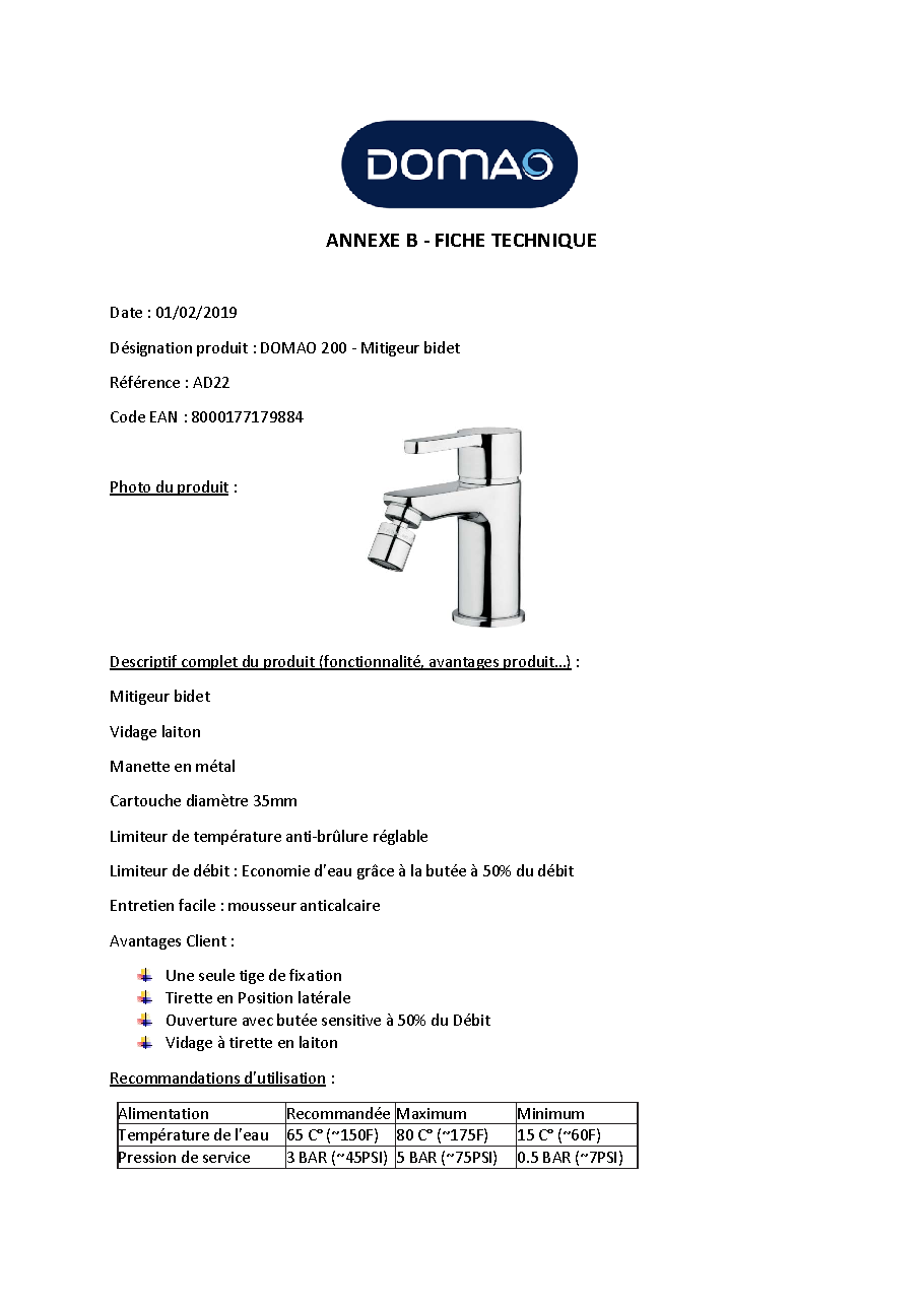Fiche technique fournisseur