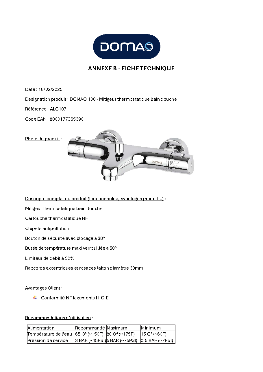Fiche technique fournisseur