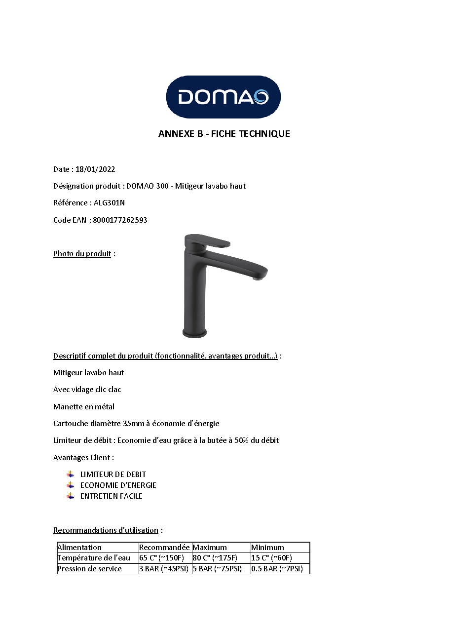 Fiche technique fournisseur