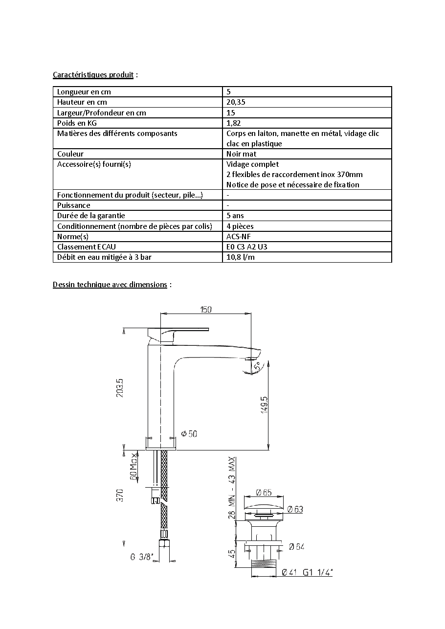 Fiche technique fournisseur