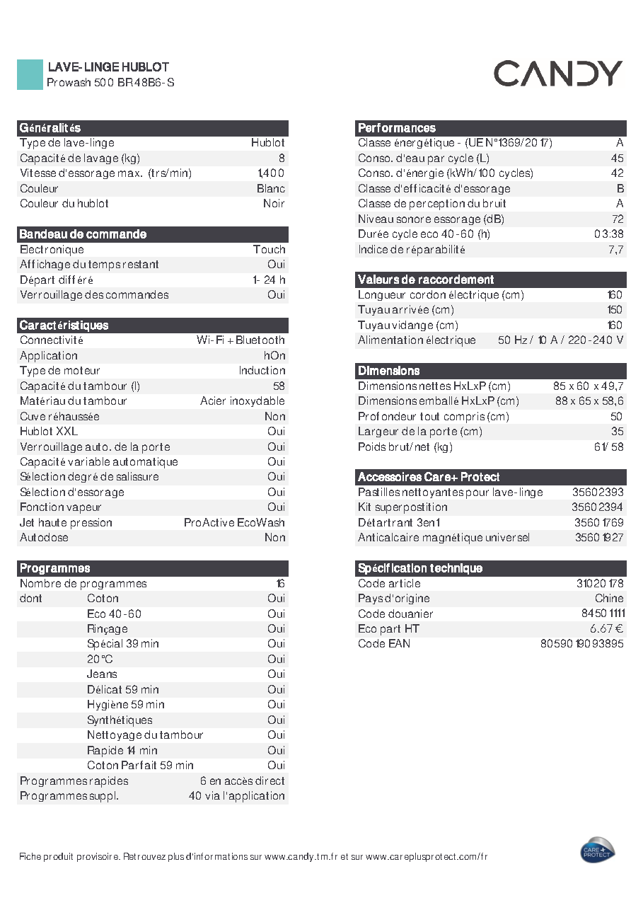 Fiche technique fournisseur
