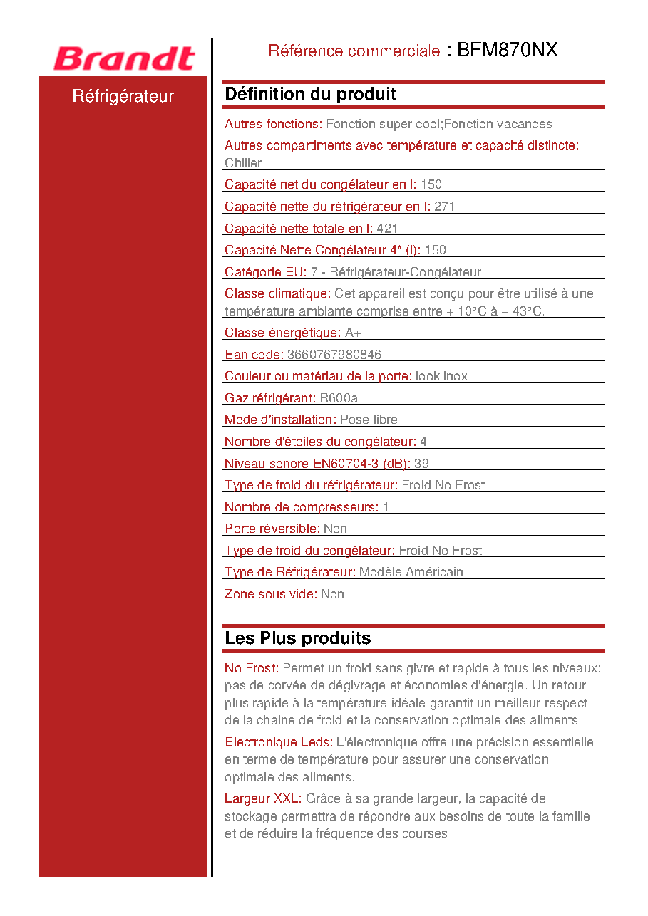 Fiche technique fournisseur