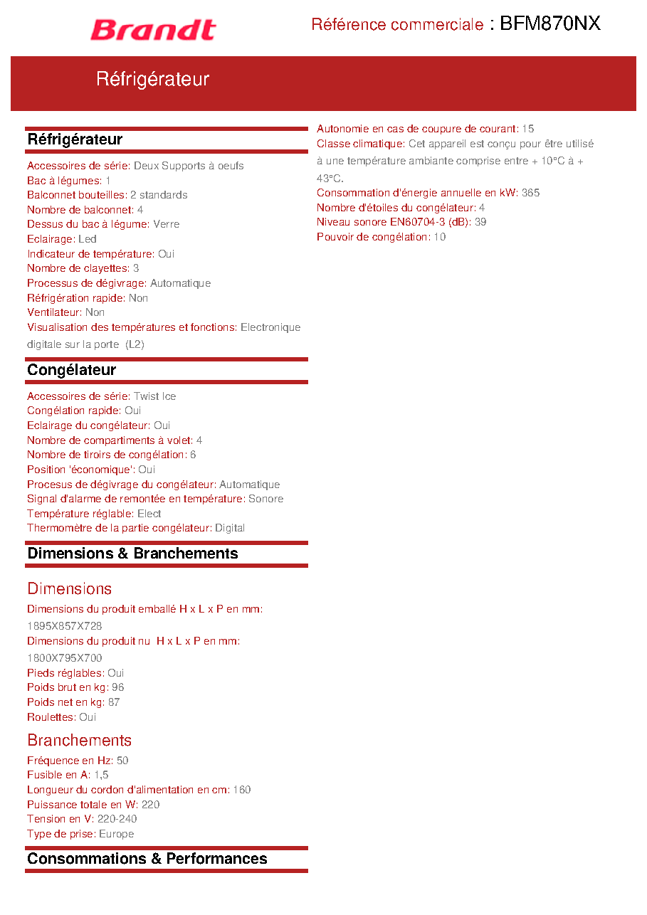 Fiche technique fournisseur