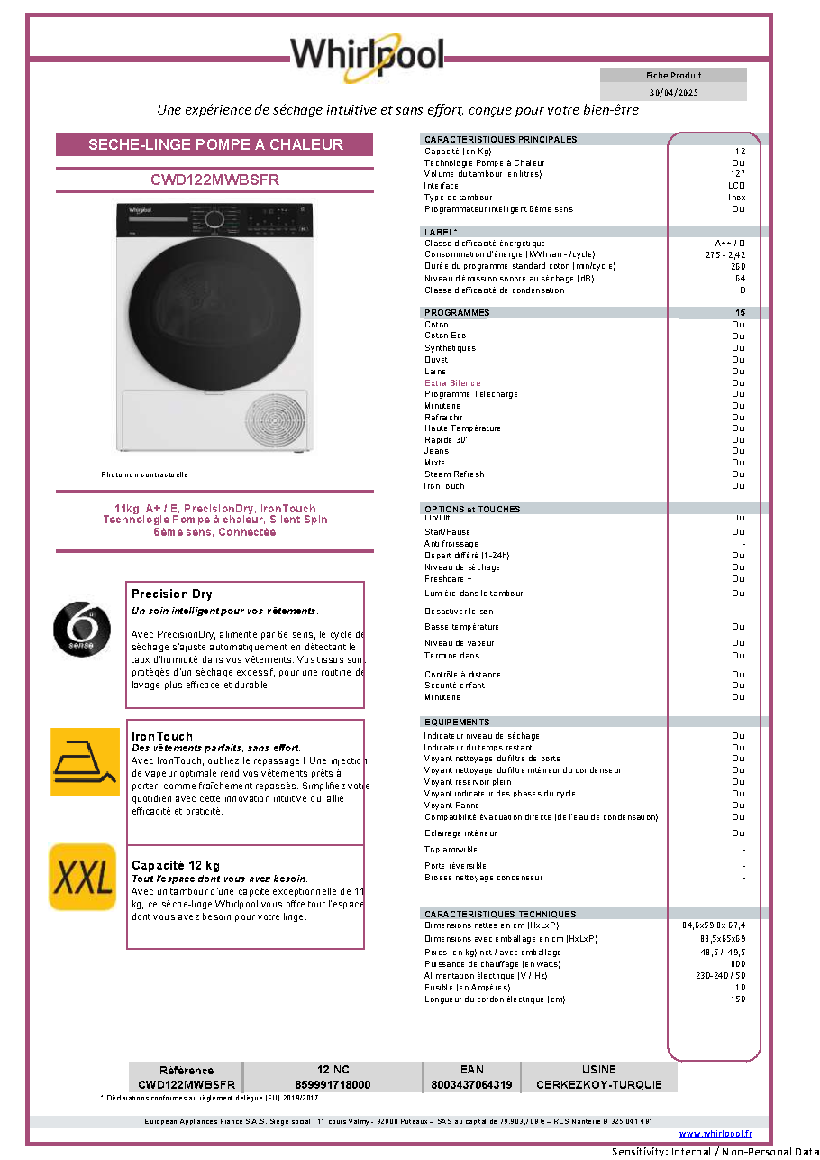 Fiche technique fournisseur