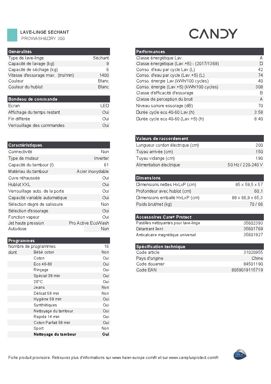 Fiche technique fournisseur