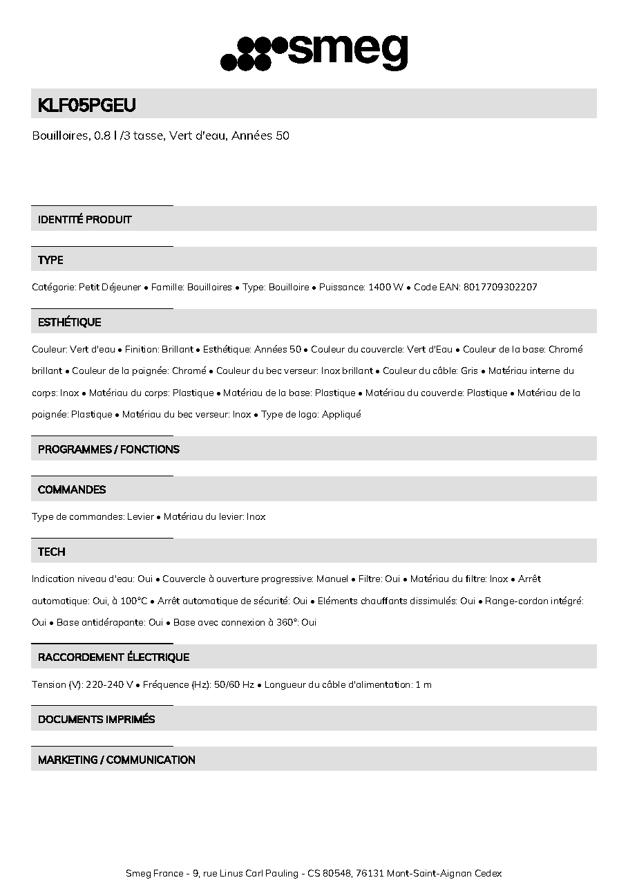Fiche technique fournisseur