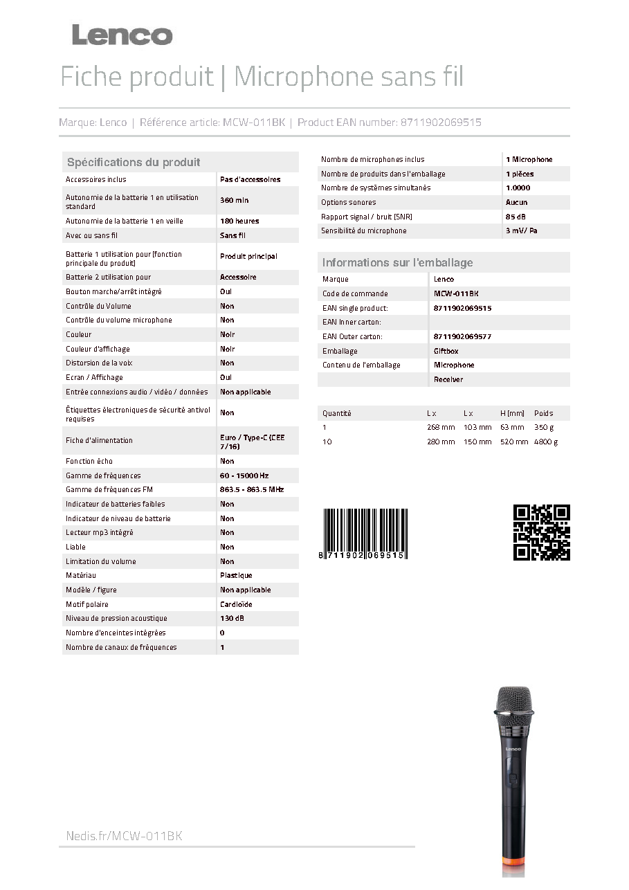 Fiche technique fournisseur