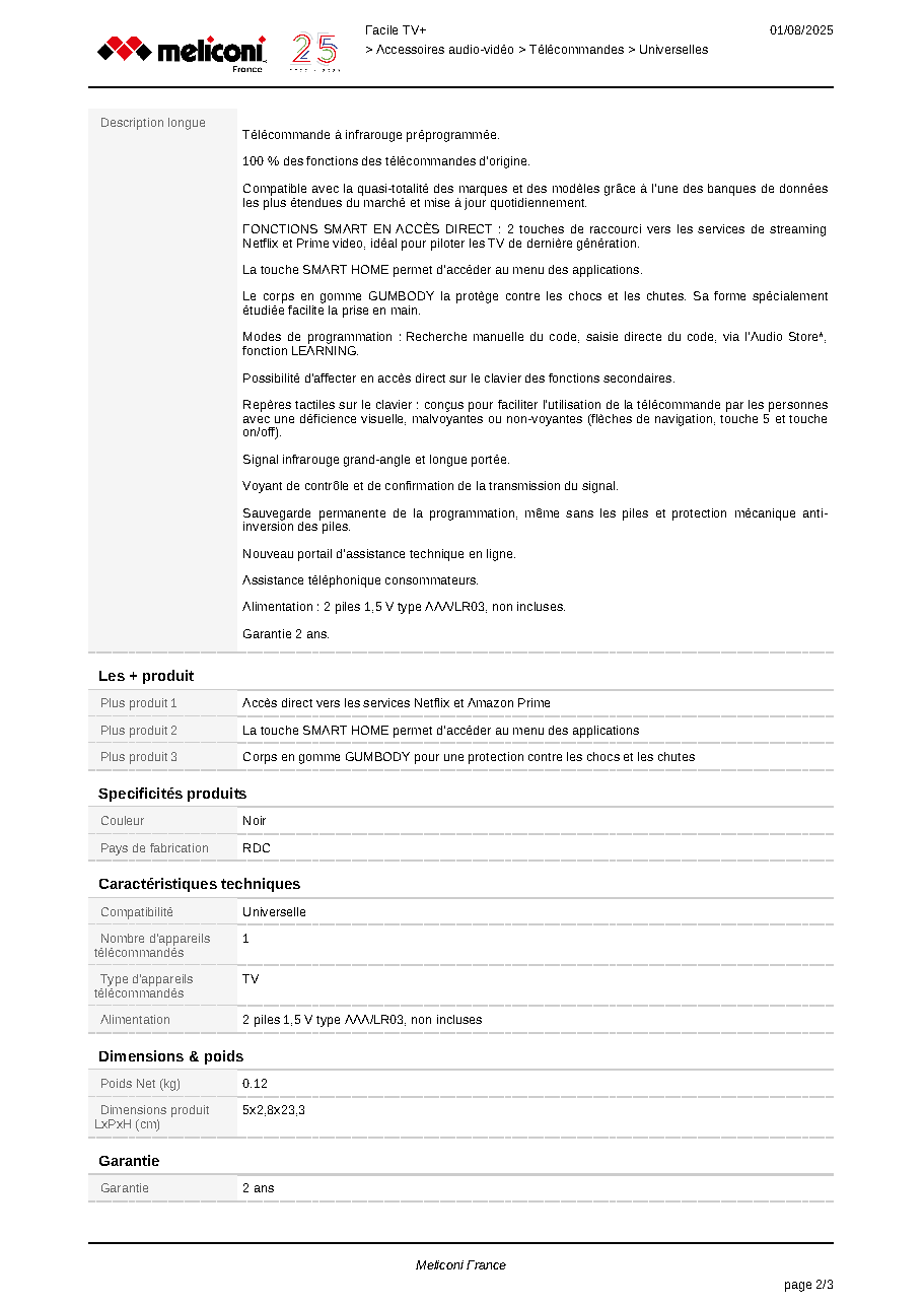 Fiche technique fournisseur