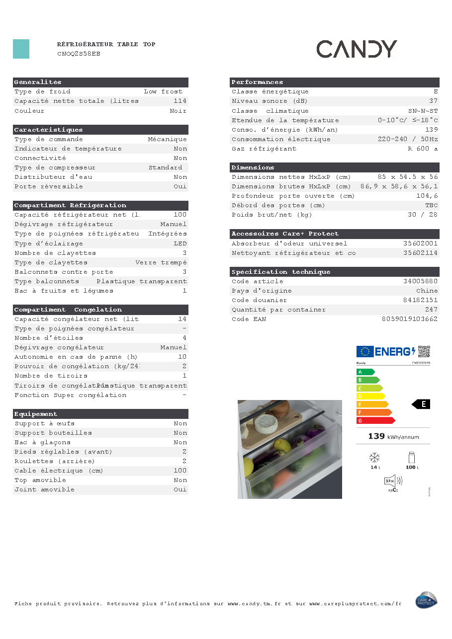 Fiche technique fournisseur