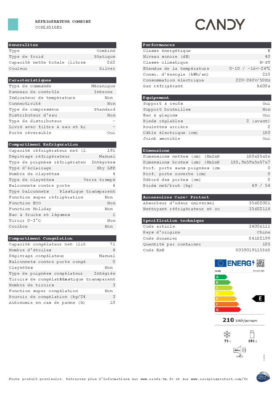 Fiche technique fournisseur