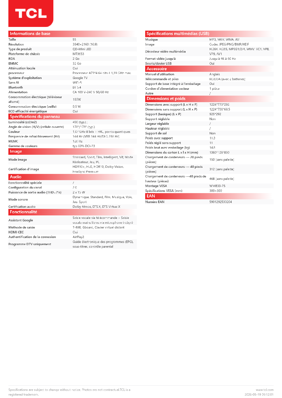 Fiche technique fournisseur