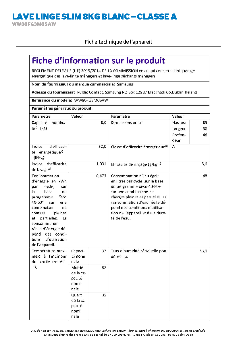 Fiche technique fournisseur