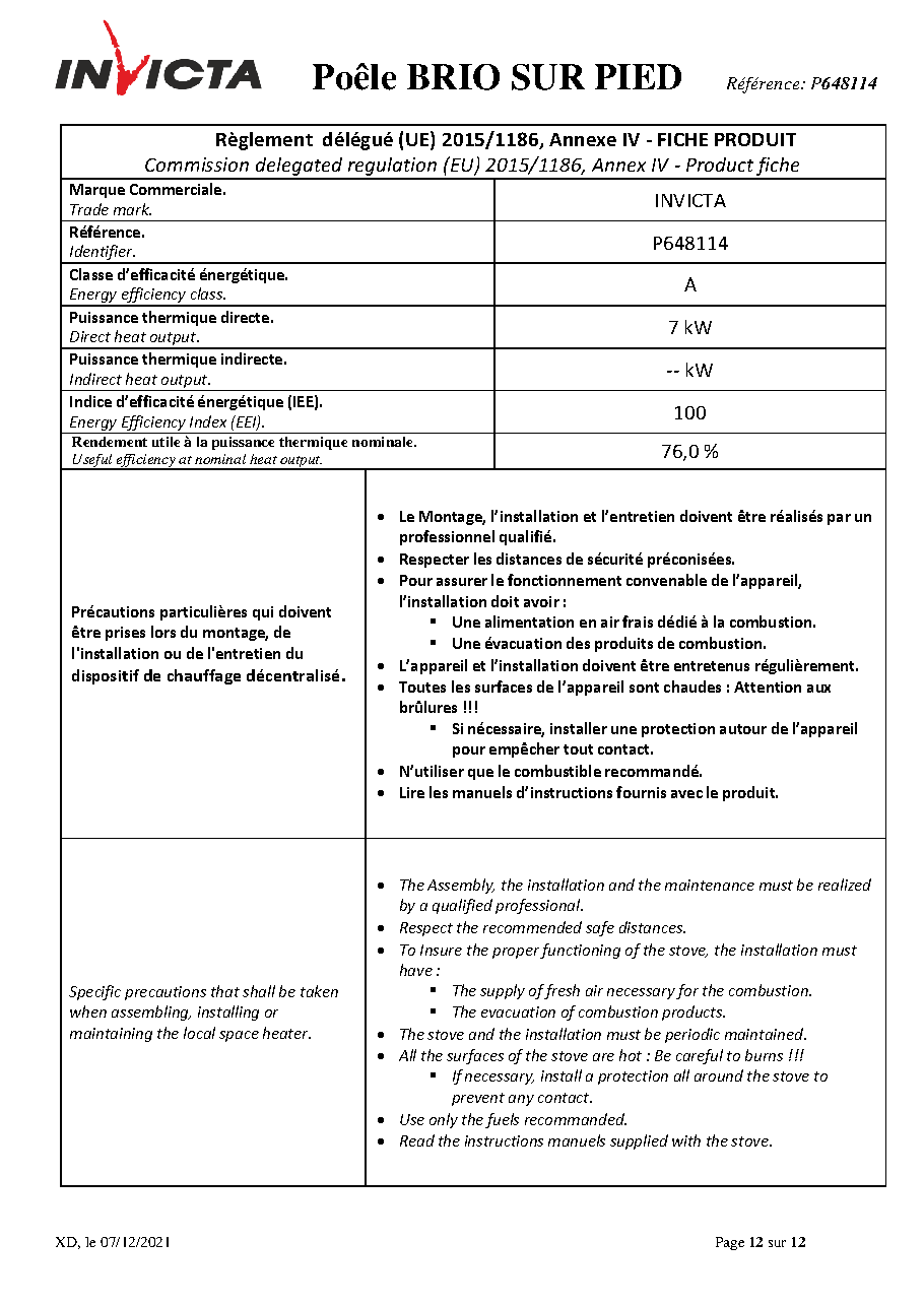 Fiche technique fournisseur