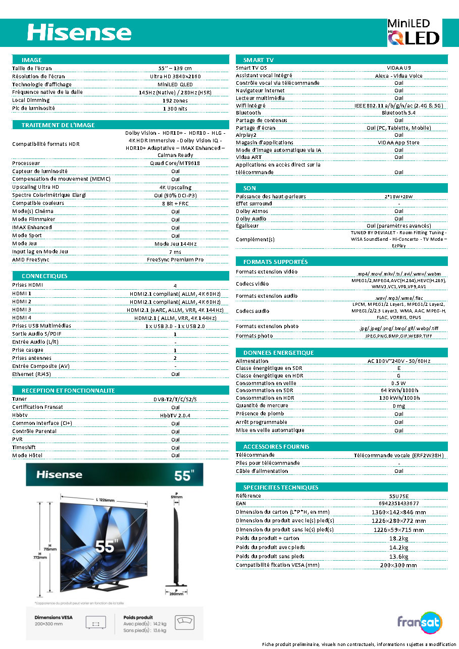 Fiche technique fournisseur