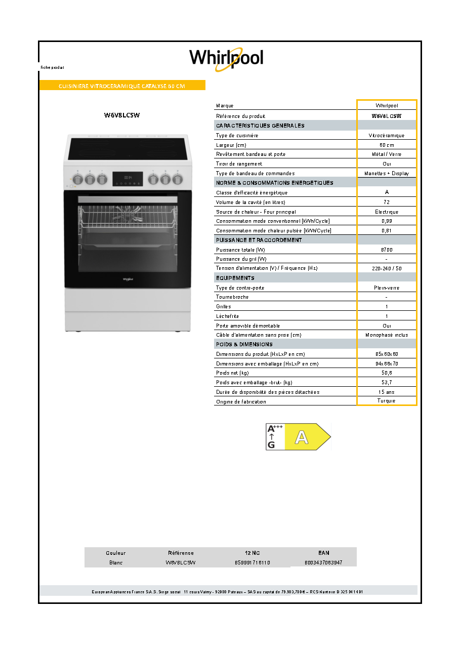 Fiche technique fournisseur