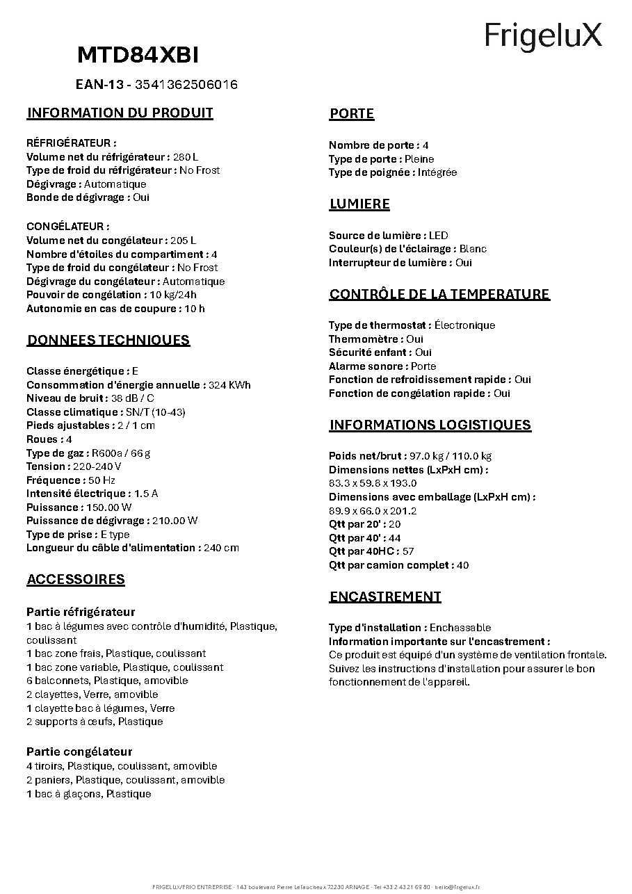 Fiche technique fournisseur