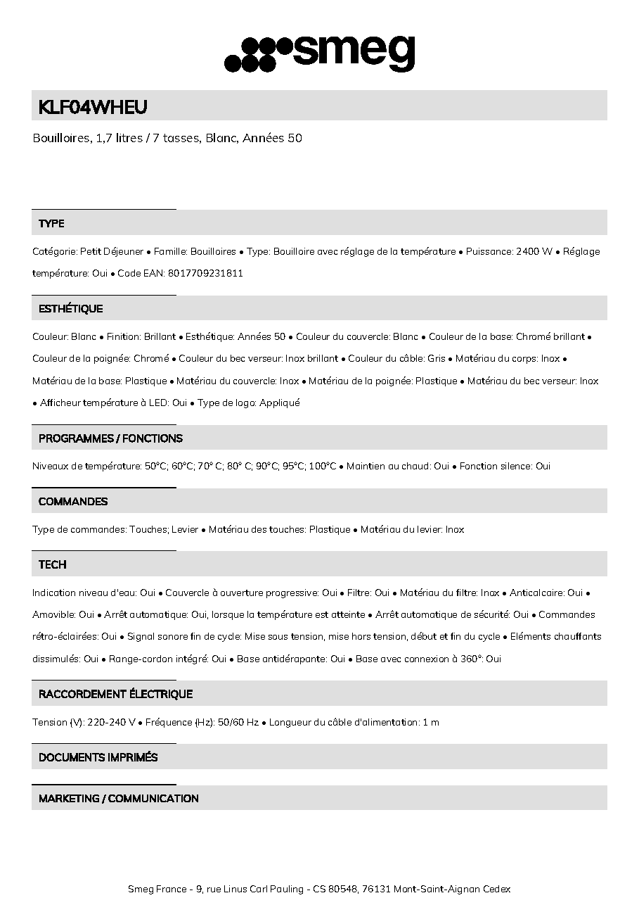 Fiche technique fournisseur
