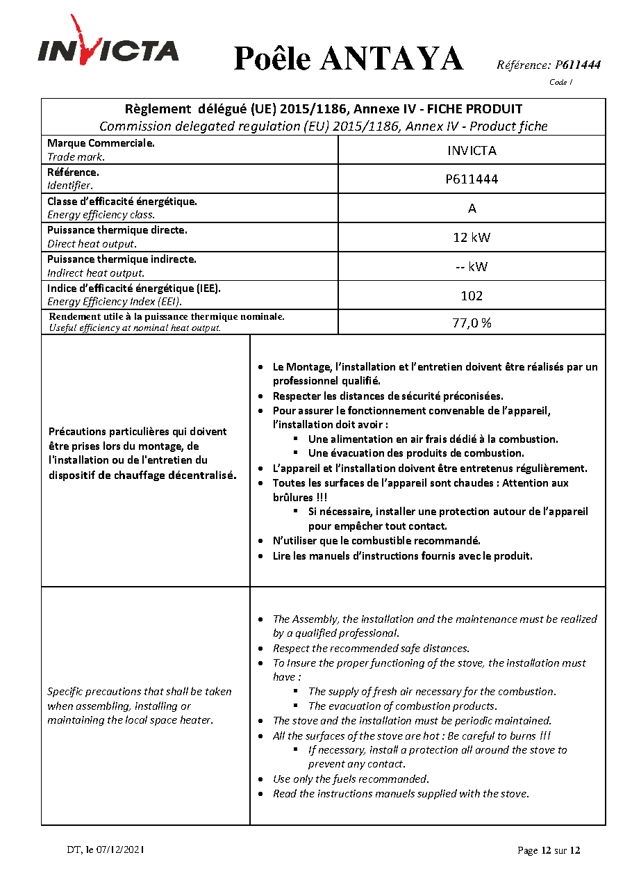 Fiche technique fournisseur