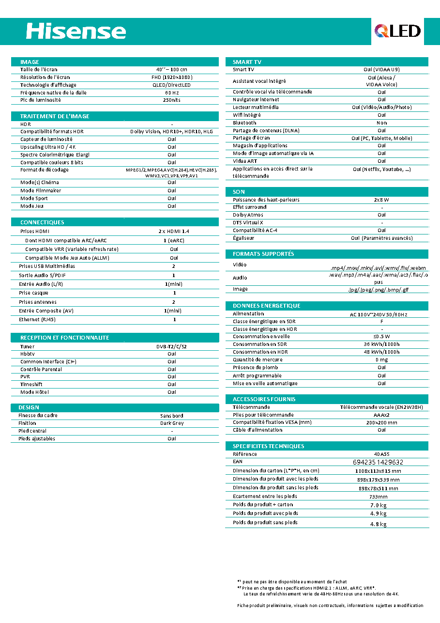 Fiche technique fournisseur