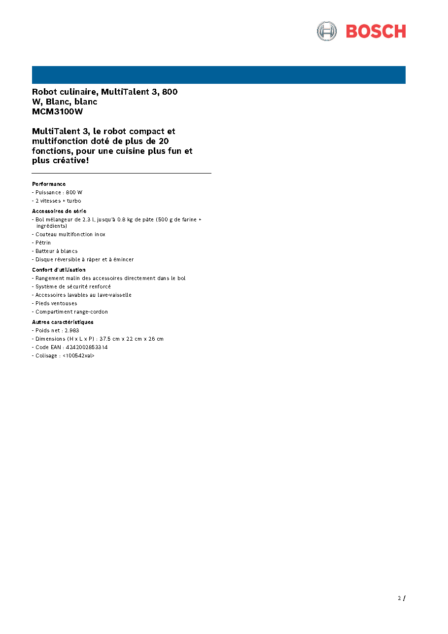 Fiche technique fournisseur