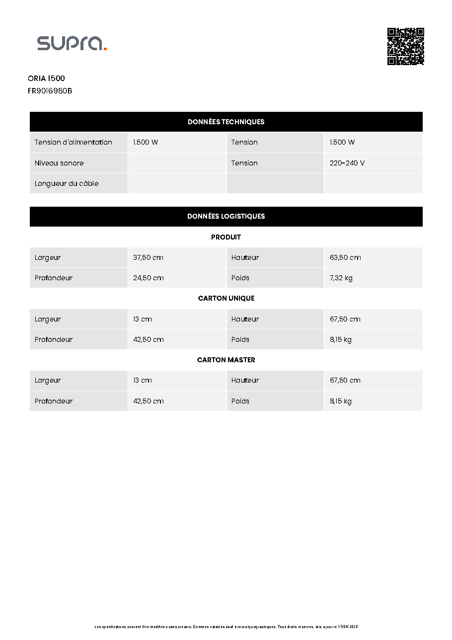Fiche technique fournisseur