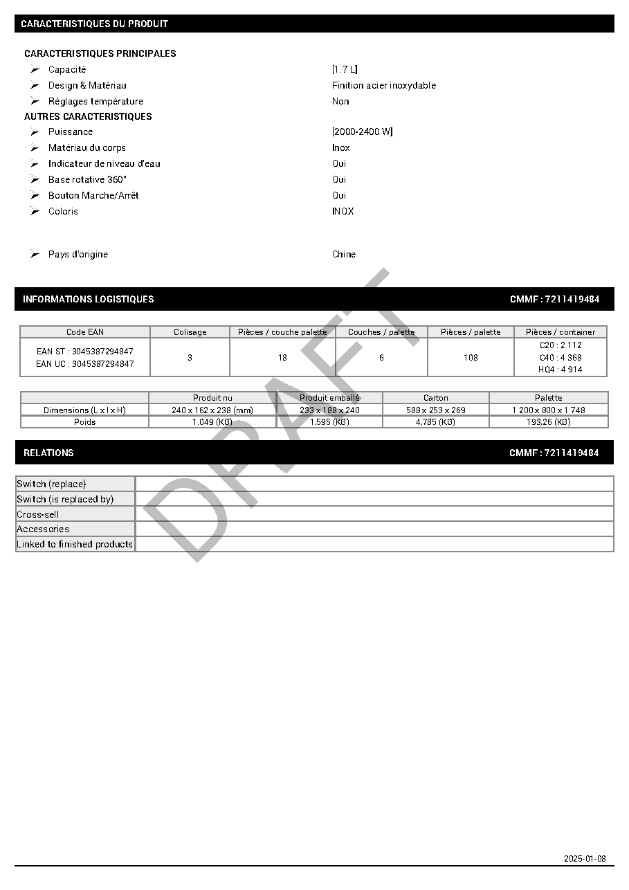 Fiche technique fournisseur