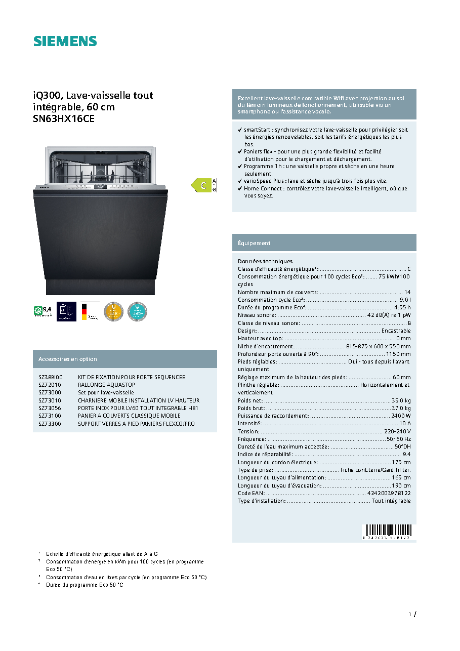 Fiche technique fournisseur