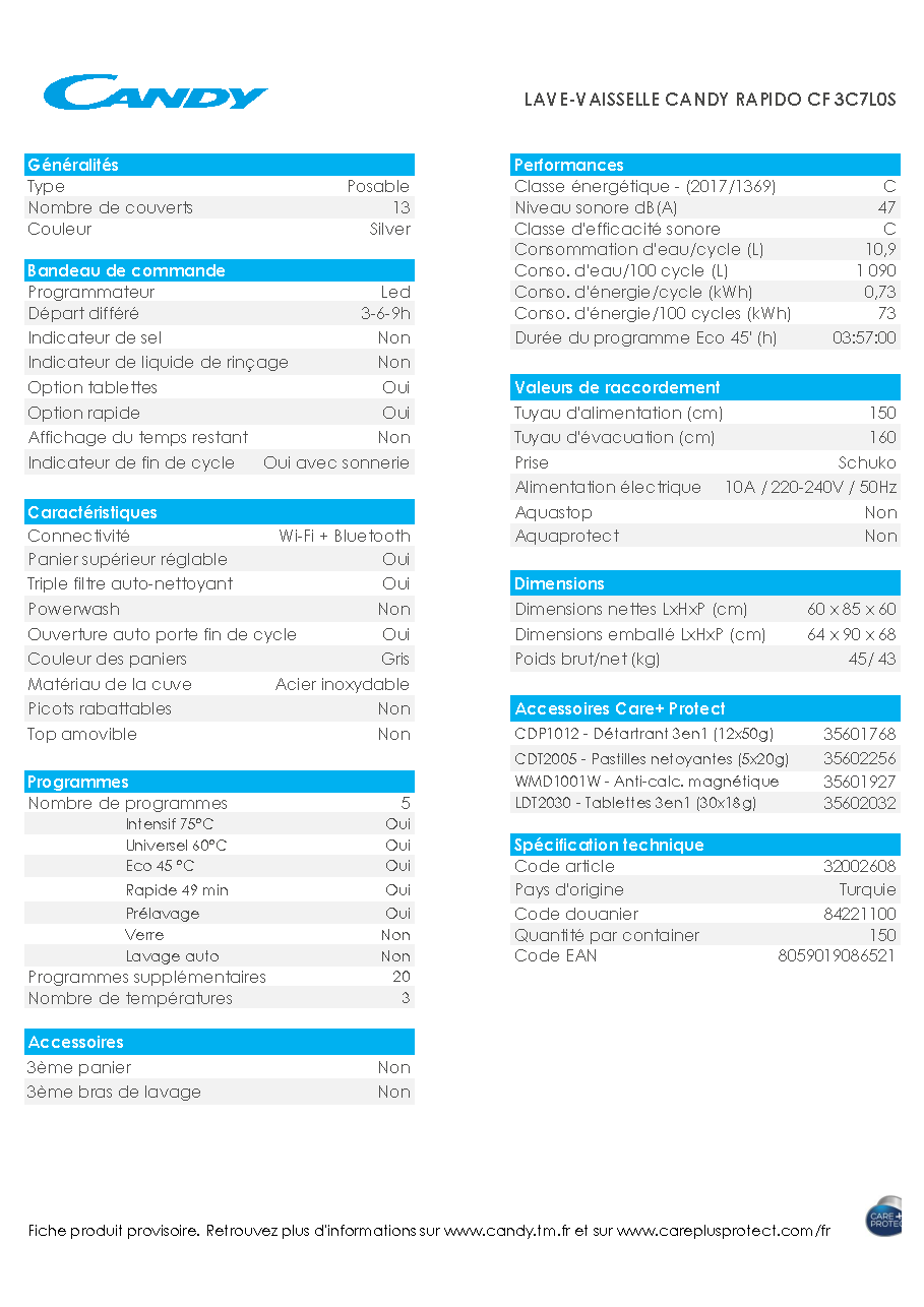 Fiche technique fournisseur