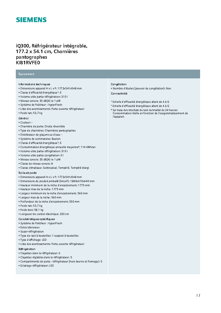 Fiche technique fournisseur