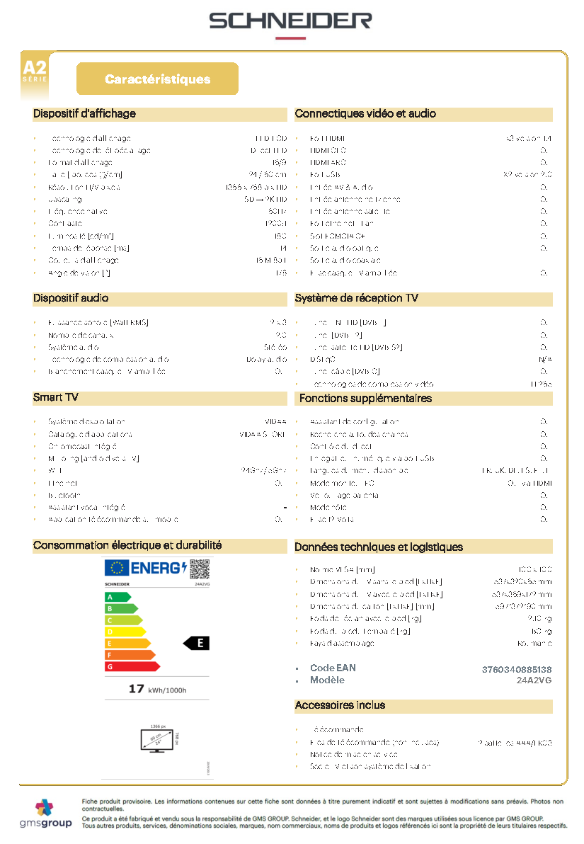 Fiche technique fournisseur