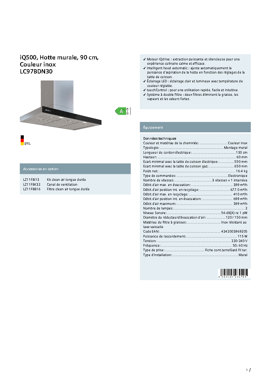 Fiche technique fournisseur