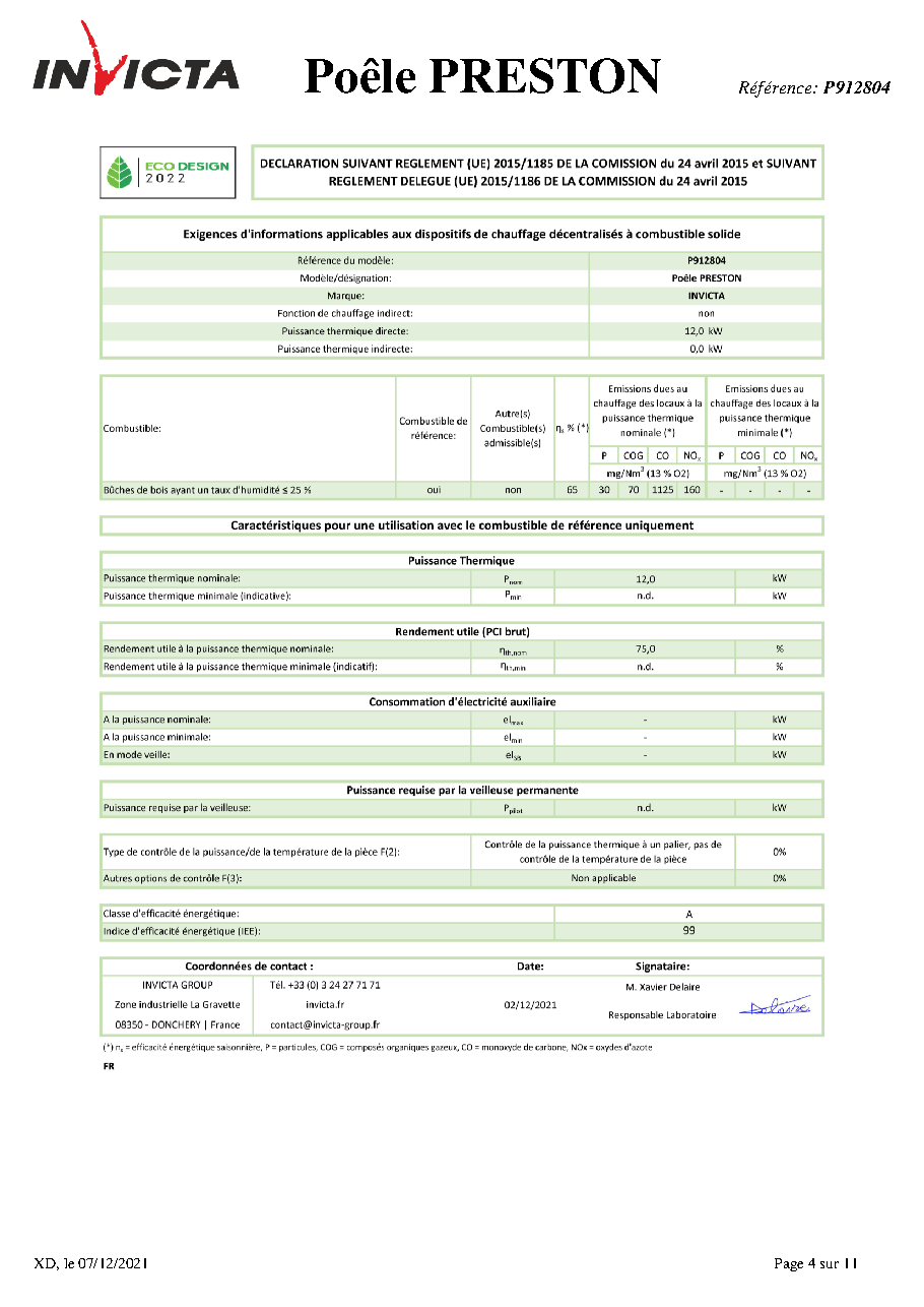 Fiche technique fournisseur