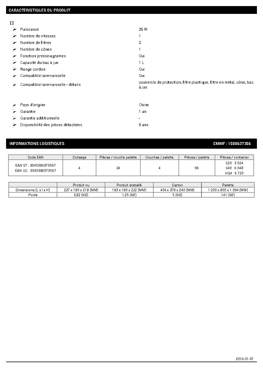 Fiche technique fournisseur