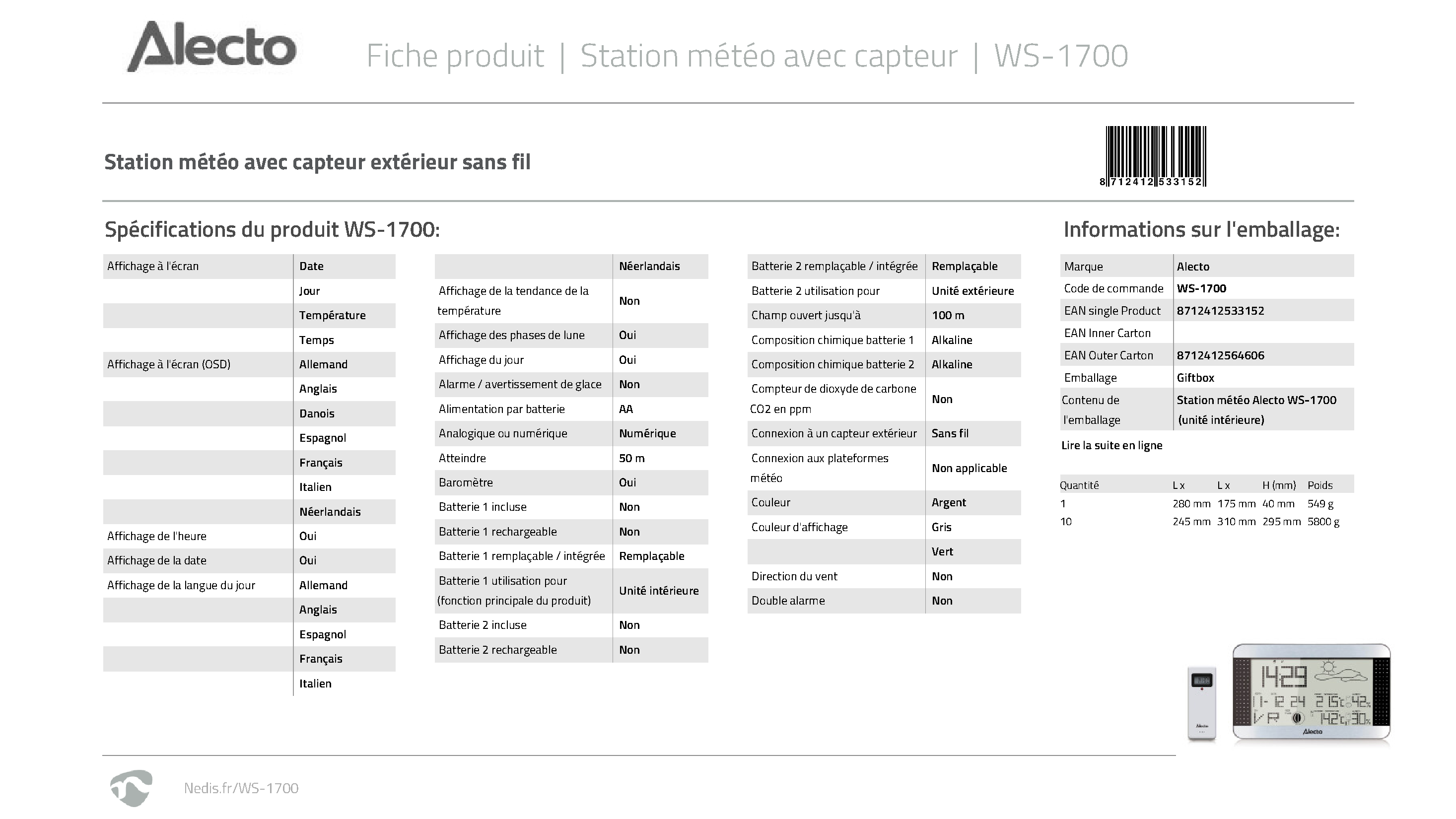 Fiche technique fournisseur