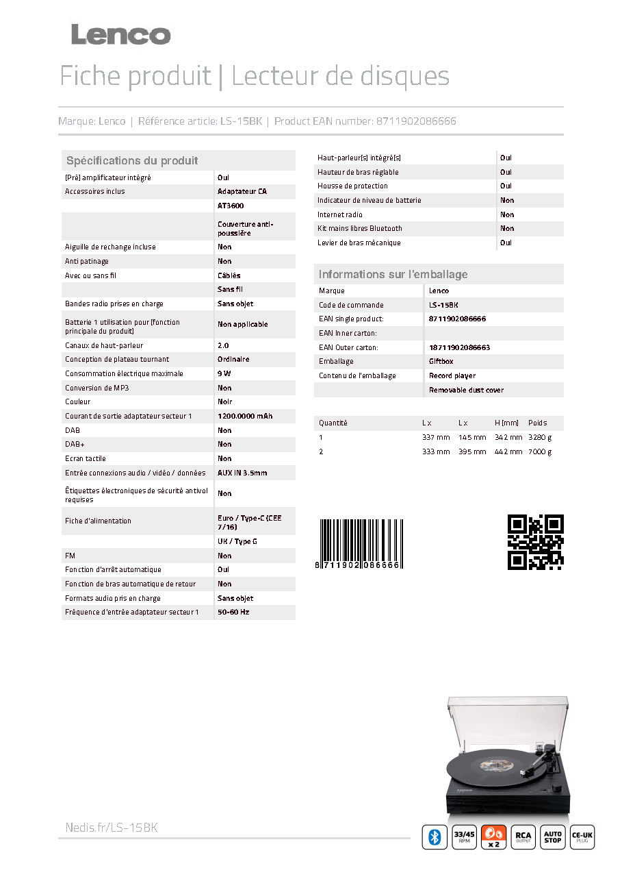 Fiche technique fournisseur