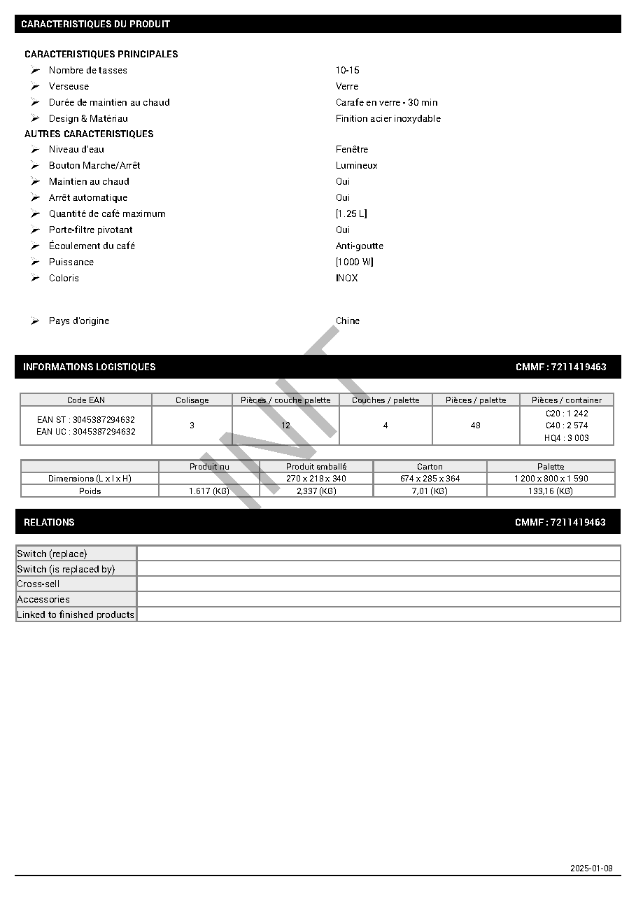 Fiche technique fournisseur
