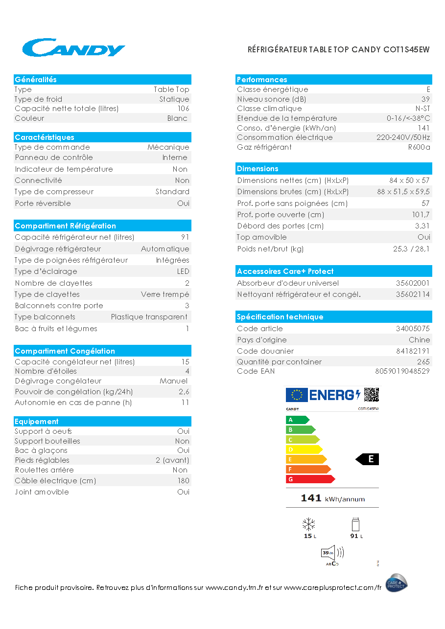 Fiche technique fournisseur