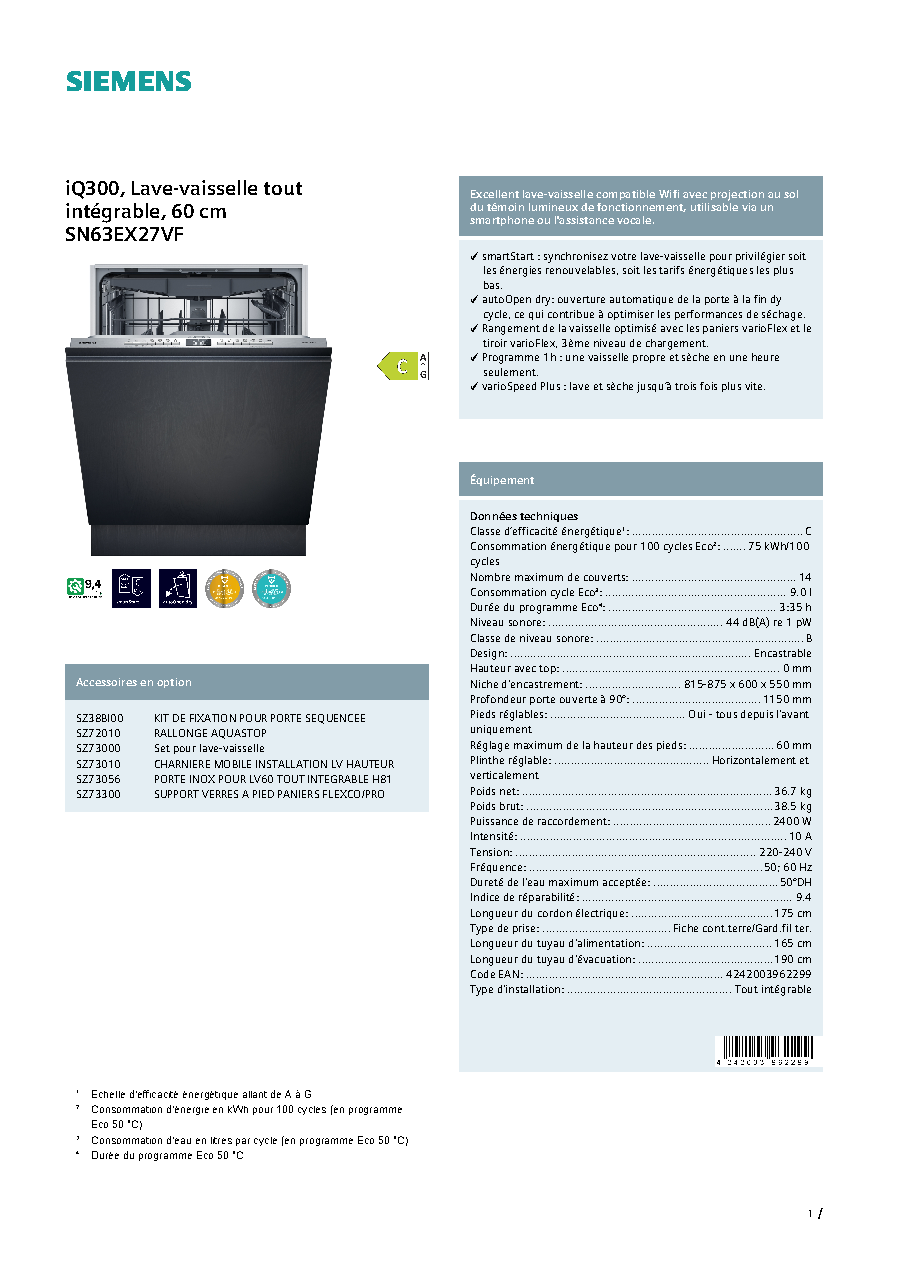 Fiche technique fournisseur