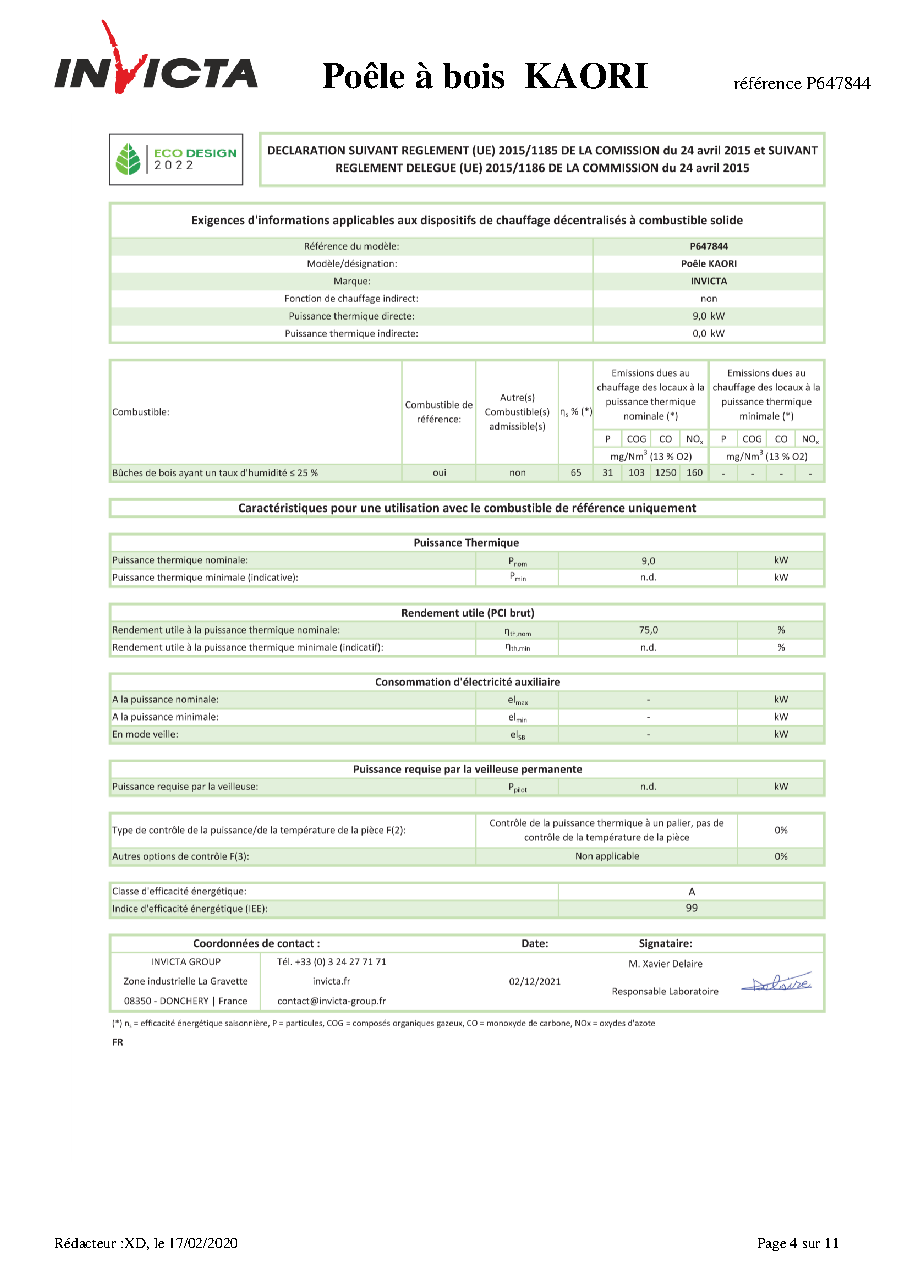 Fiche technique fournisseur