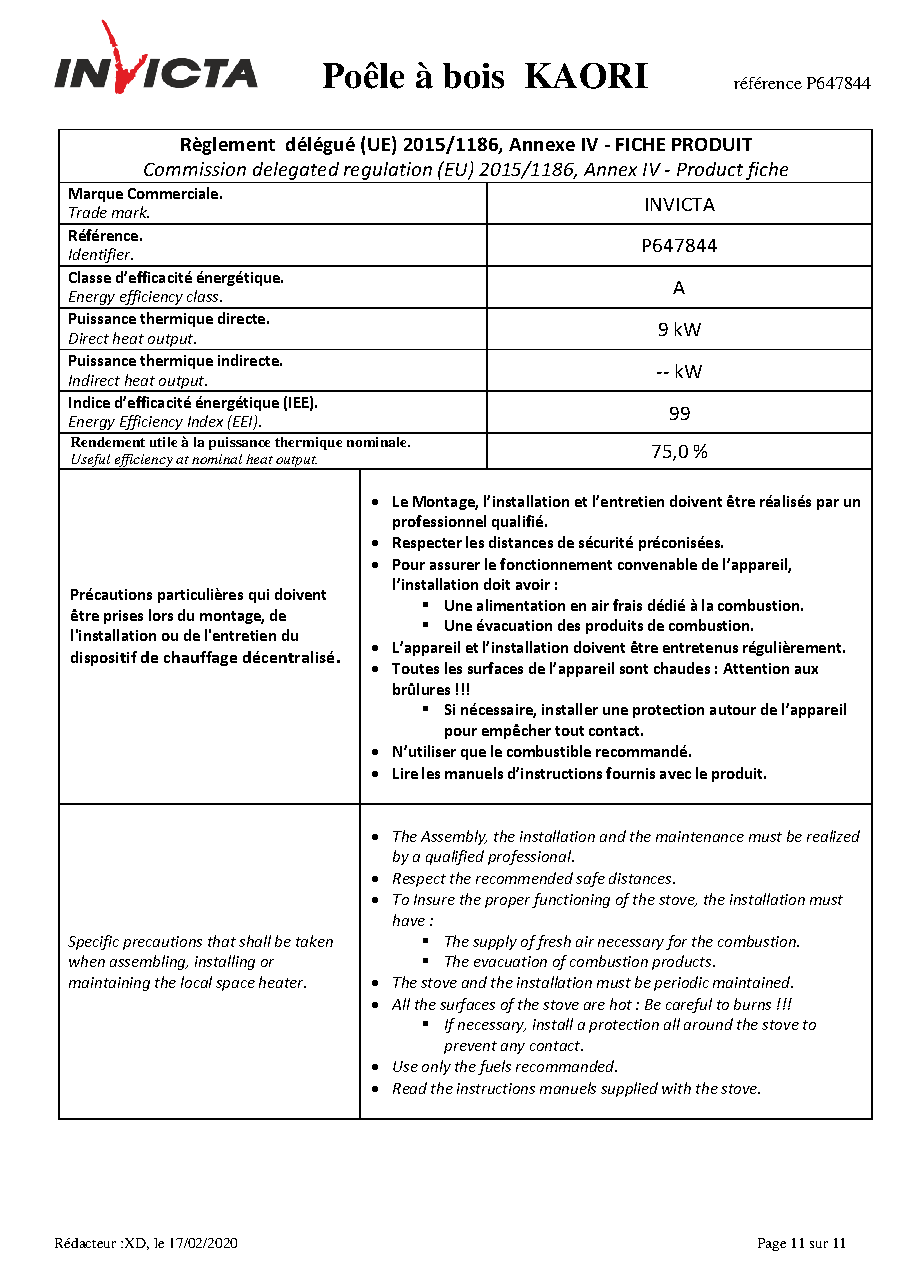 Fiche technique fournisseur
