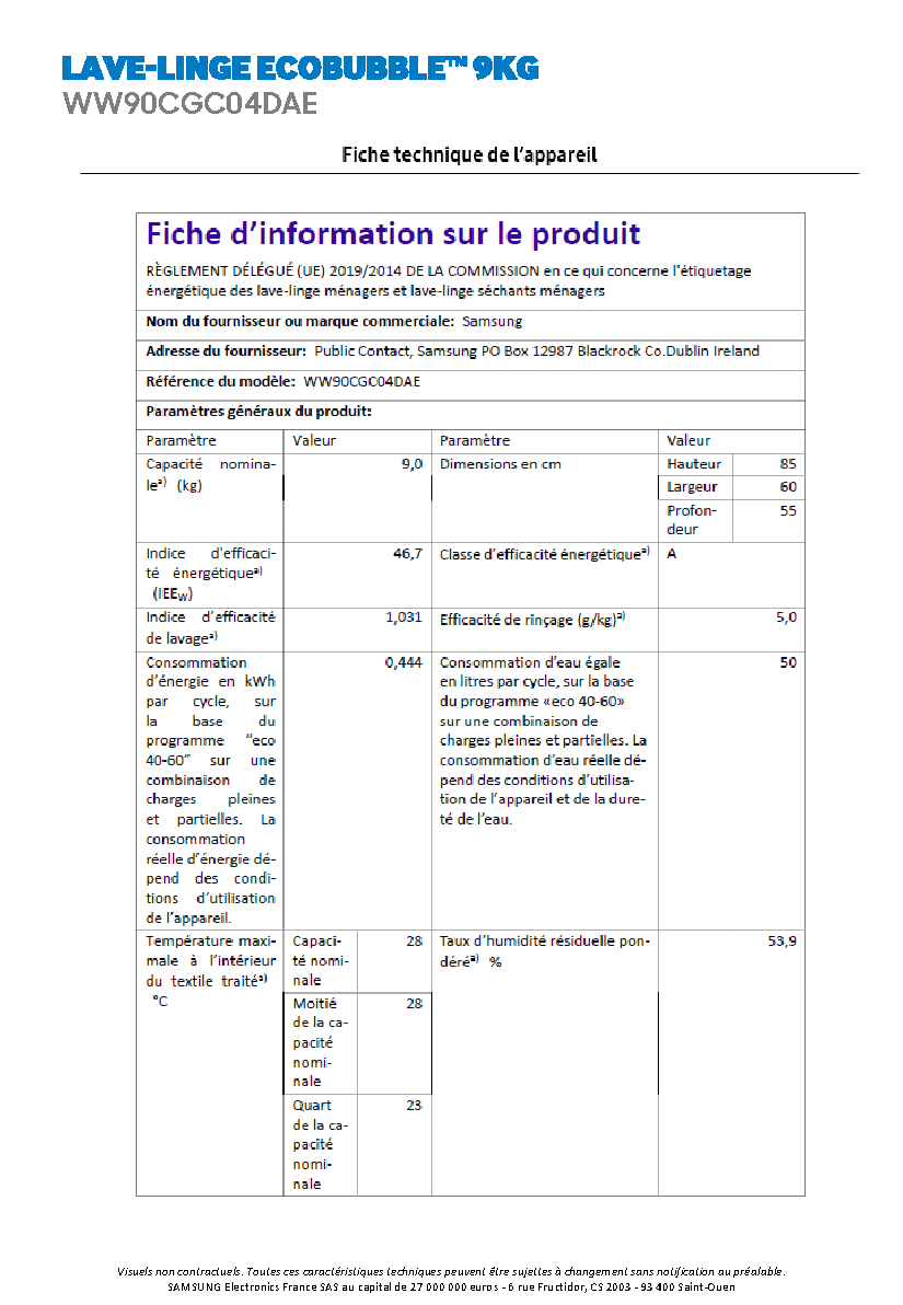 Fiche technique fournisseur