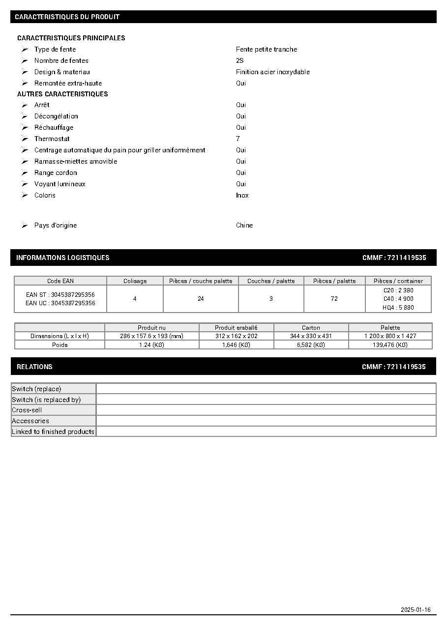 Fiche technique fournisseur