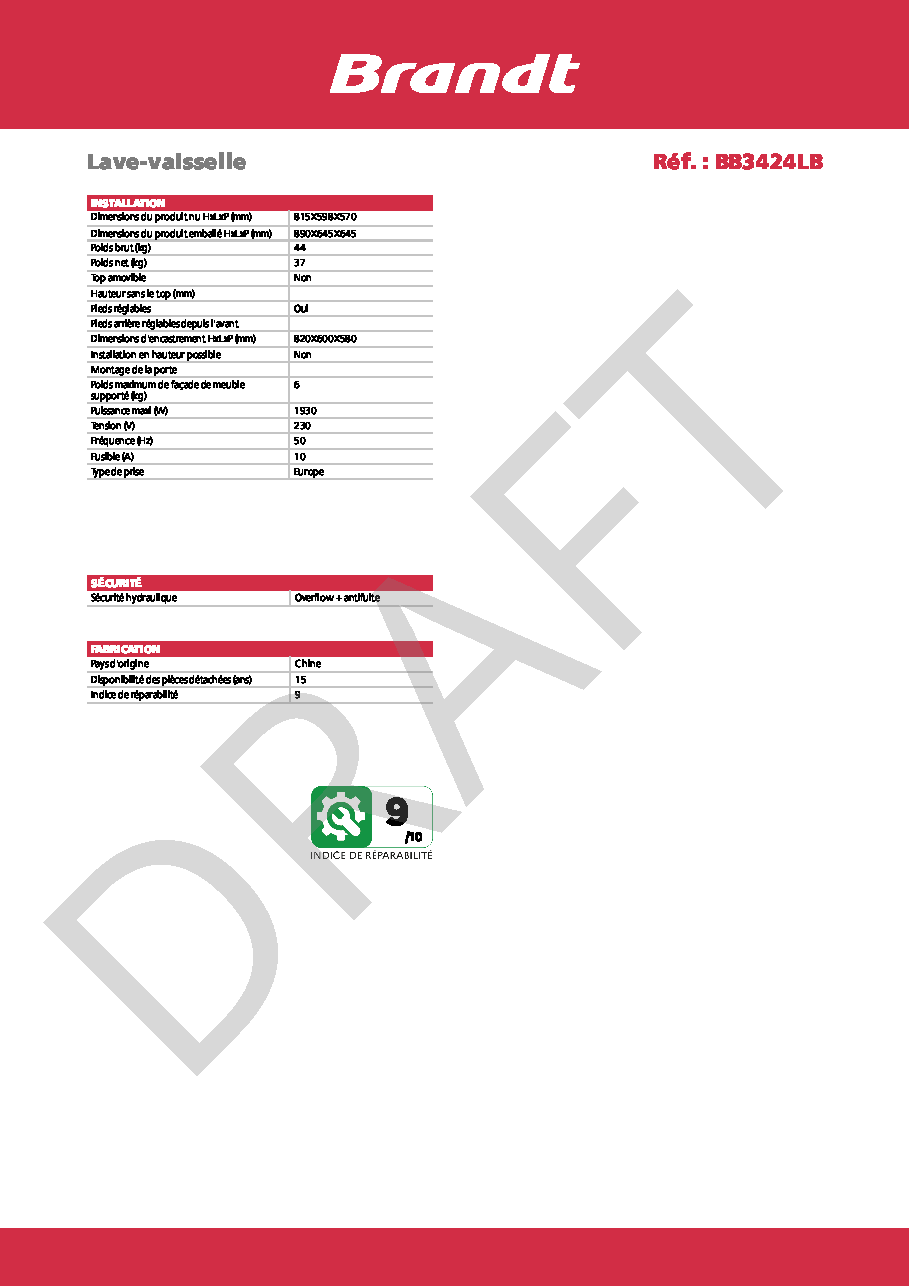 Fiche technique fournisseur