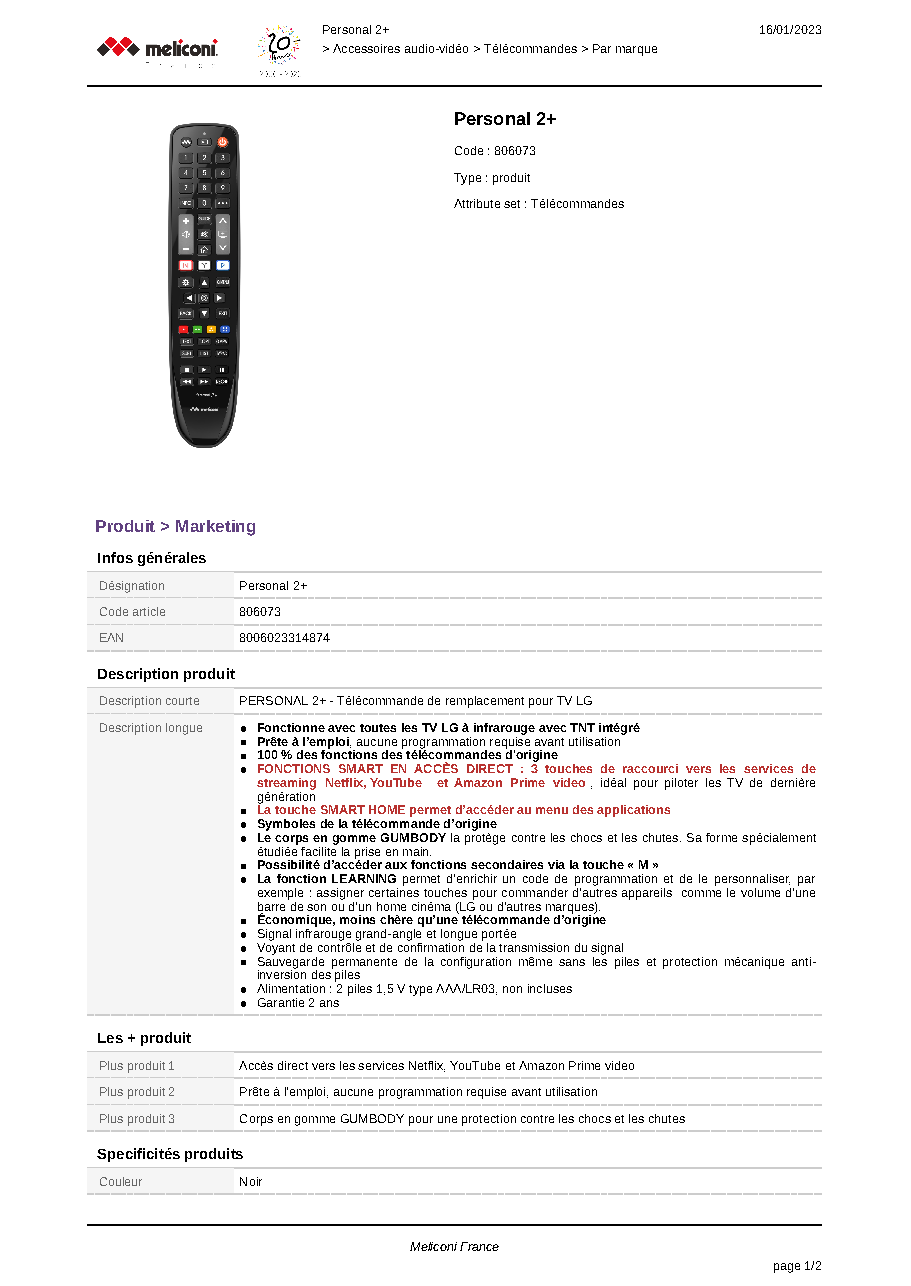 Fiche technique fournisseur