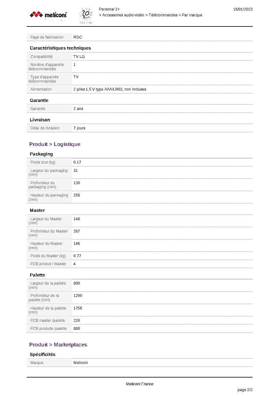 Fiche technique fournisseur