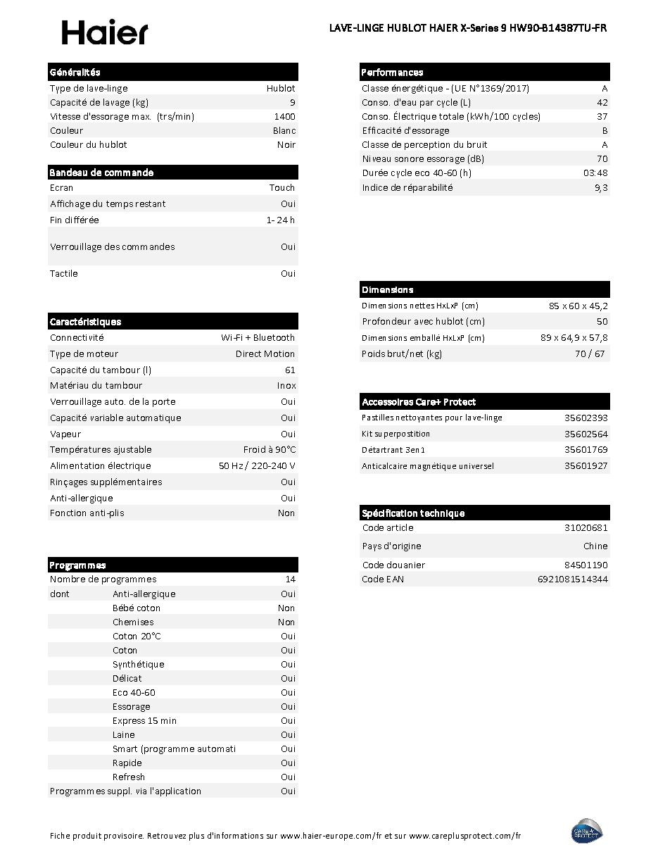 Fiche technique fournisseur