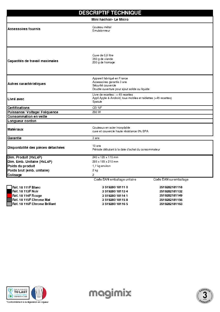 Fiche technique fournisseur