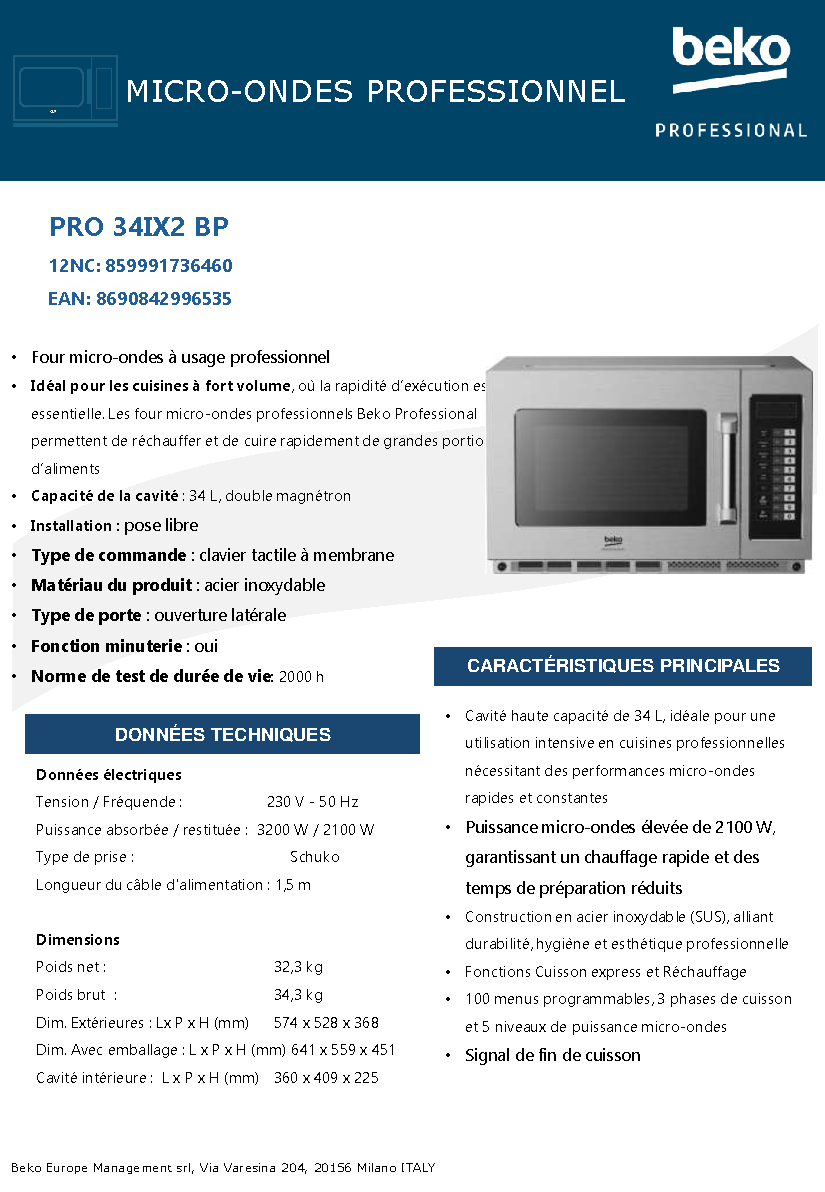 Fiche technique fournisseur